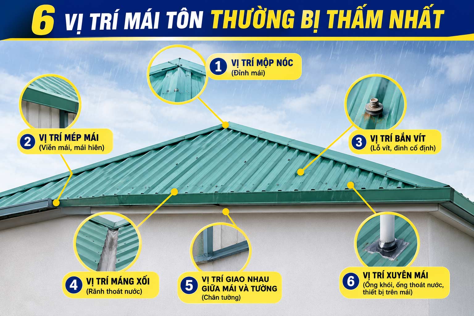 6 vị trí mái tôn thường bị thấm nhất