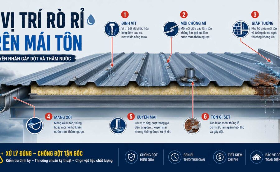 Chống thấm mái tôn: 6 vị trí rò rỉ và cách xử lý đúng