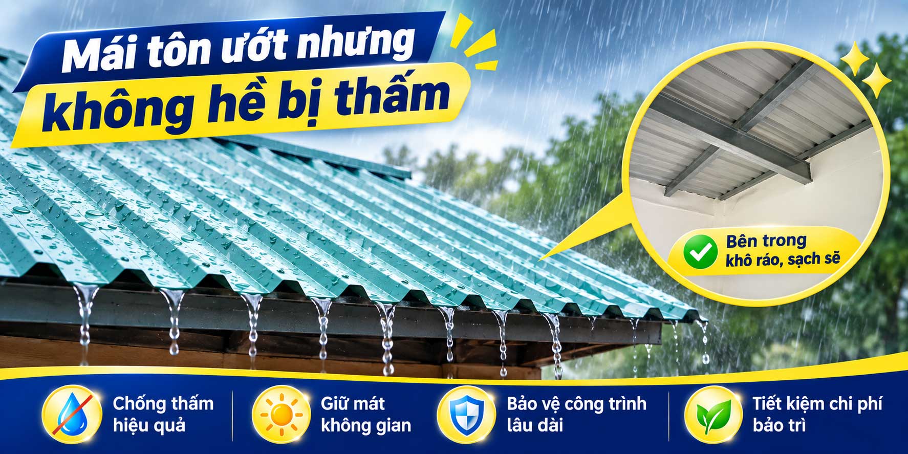 Mái tôn ướt nhưng không hề bị thấm